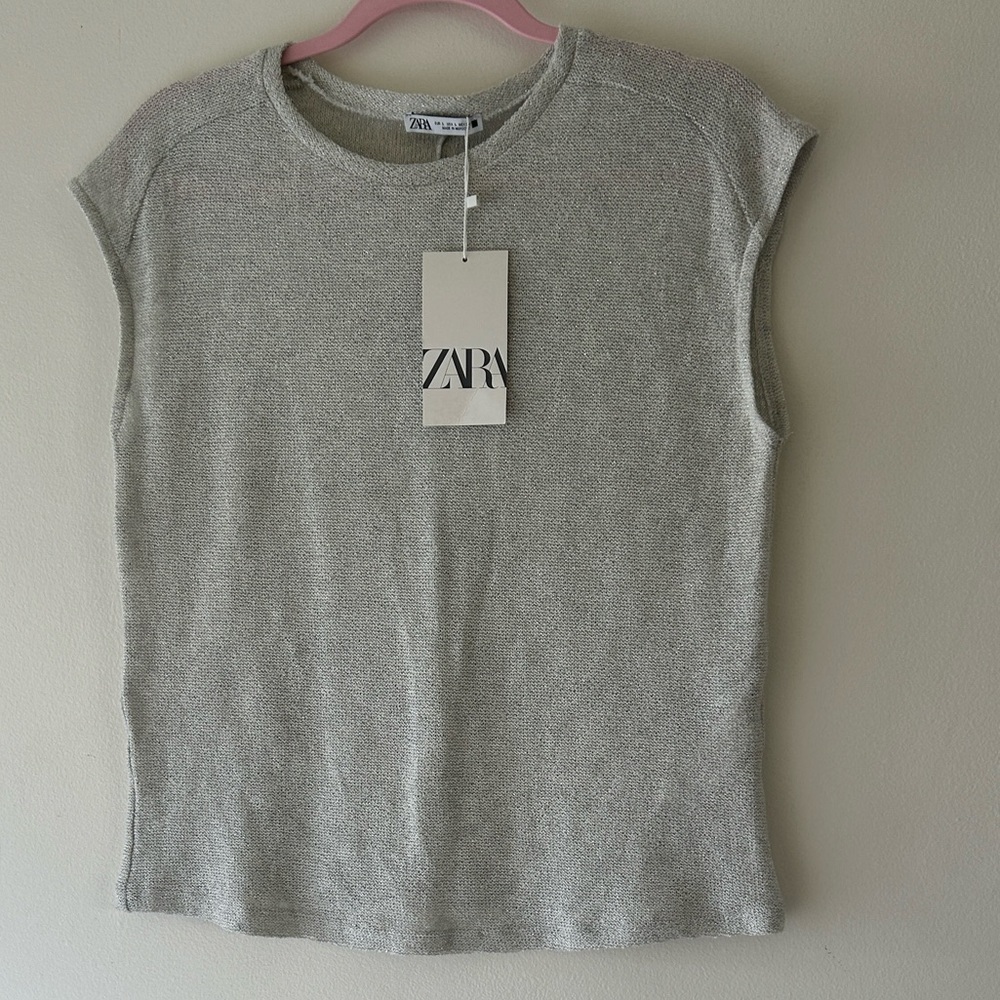 ZARA Silver-Tone Knit Cap Sleeve Tank